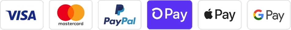 Visa, Mastercard, PayPal, Shop Pay, Apple Pay, Google Pay